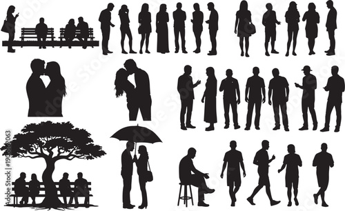 Diverse People Activities Silhouettes, Dancing Couples, Musicians, Sports, Dining, and Parents with Stroller Isolated Vector