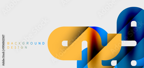 Abstract shapes overlap, creating dynamic visual effect. Gold, blue hues dominate neutral backdrop. Modern design element.