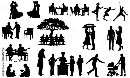 Diverse People Activities Silhouettes, Dancing Couples, Musicians, Sports, Dining, and Parents with Stroller Isolated Vector