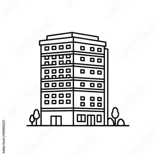 Simplified line art illustration of a modern multi-story building with trees surrounding it from a front viewpoint