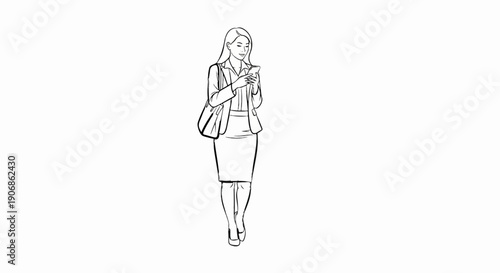 Businesswoman in suit texting on mobile phone with bag over shoulder