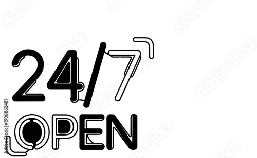 Bold, black outlined text "24/7 OPEN" with a stylized 'O' in white