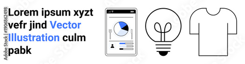 Data analytics, creativity, e-commerce, fashion design, innovation, tech solutions. Smartphone screen with a chart, lightbulb and T-shirt outline. Data analytics and creativity visually