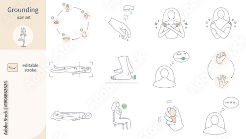 Grounding icon set, 12 somatic and cognitive calming techniques in minimal line style with earthy green accents, editable stroke vector illustration
