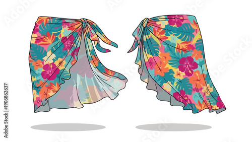Vibrant tropical sarong skirt with exotic floral patterns and flowing silhouette perfect for beachwear