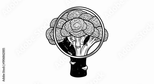 Close-up view of a monochrome broccoli stalk within a circular frame