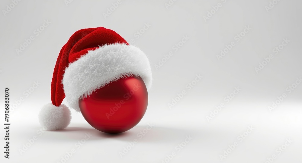Naklejka premium Cheerful red Christmas bauble and Santa hat positioned over white background