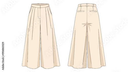 Detailed technical drawing showcasing front and back views of elegant wide-leg pleated trousers design a timeless fashion flat sketch for apparel