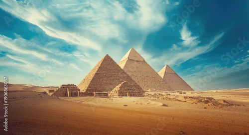 Iconic pyramids of antiquity beneath a dramatic cloudy blue sky