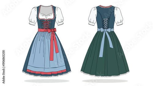 Vector illustrations of traditional Bavarian dirndl dresses, front and back views
