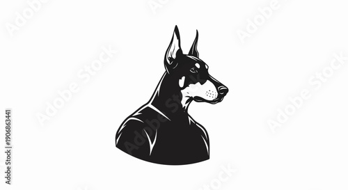 Bold black and white graphic of a Doberman Pinscher's head and chest