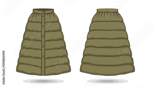 Stylish technical sketch of a versatile olive green quilted puffer skirt design for cold weather fashion