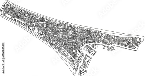 Detailed aerial map of an island city with canals and harbors