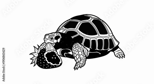 Detailed linework illustration of a turtle eating a strawberry, black and white