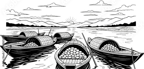 Boats laden with goods drift on a river at sunrise amidst mountains