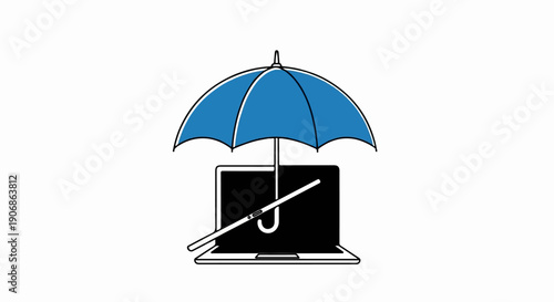 Blue umbrella protecting a laptop from potential digital threats