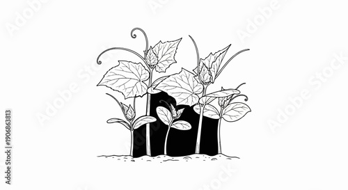 Delicate seedlings emerge from soil, reaching upward with curling tendrils and leaves