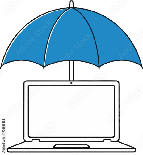 Blue umbrella shielding an open laptop from potential harm
