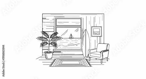 Cozy room with a window view of a sailboat on the sea