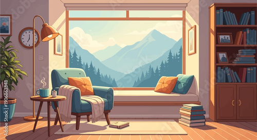 Cozy room with armchair, books, and window view of mountains
