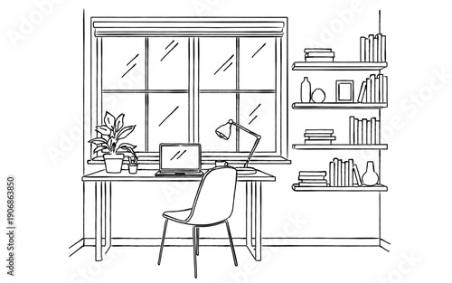 シンプルな書斎とデスクの室内風景線画｜在宅ワーク, ホームオフィス, パソコン, 本棚, 観葉植物, インテリア