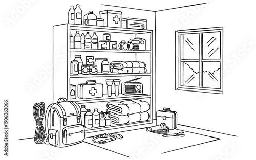 防災用品や非常用備蓄品の棚の線画イラスト｜災害対策・備蓄管理