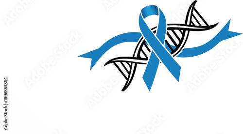 Blue ribbon intertwined with a black and white DNA strand