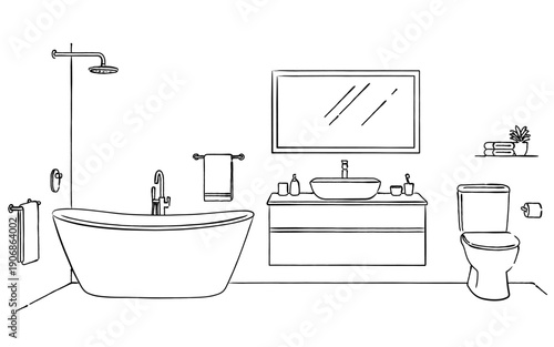 清潔感のあるシンプルなバスルームと洗面所の室内風景線画｜浴室, 洗面台, トイレ, シャワー, バスタブ, インテリア