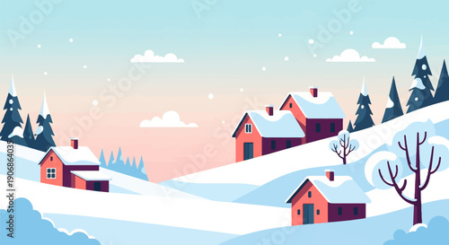 Cozy red houses nestled in a serene, snow-covered winter landscape