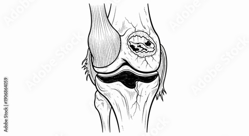 Detailed anatomical illustration of a damaged human knee joint with ligaments and bone structure