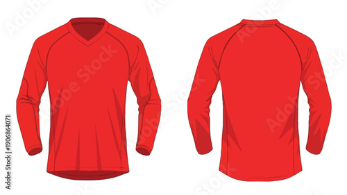 Vibrant scarlet long-sleeve athletic shirt template, showcasing distinct front and rear views. Perfect for sportswear branding and uniform design