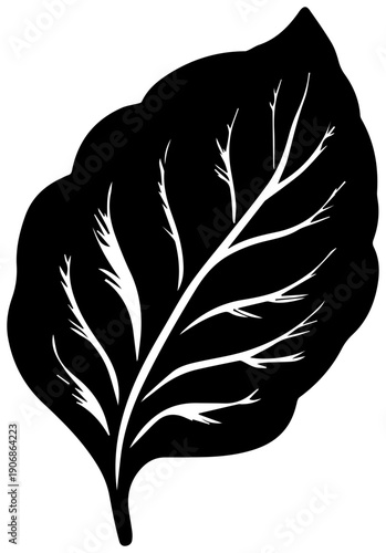 Black filled icon of a spinach leaf with detailed veins isolated on a white background perfect for health and wellness designs