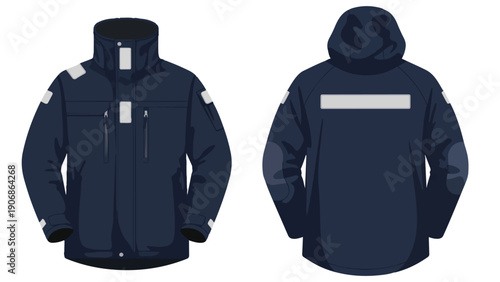 Navy blue utility jacket illustration, featuring front and back perspectives with visible reflective strips for enhanced safety and a practical