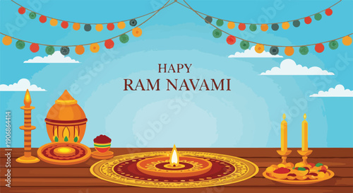 Festive illustration with candles, garlands, and religious text