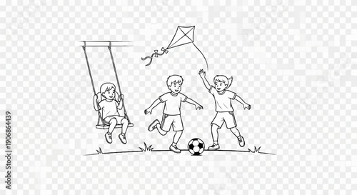Children playing outdoors with a swing, kite, and soccer ball