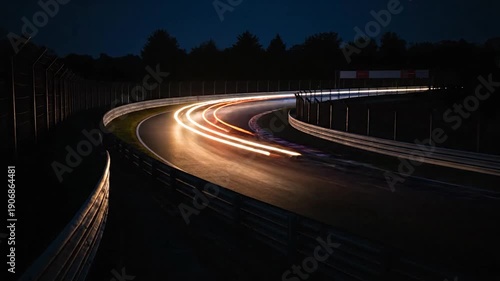 Long exposure shot of a race track at night, showcasing blurred streaks of light