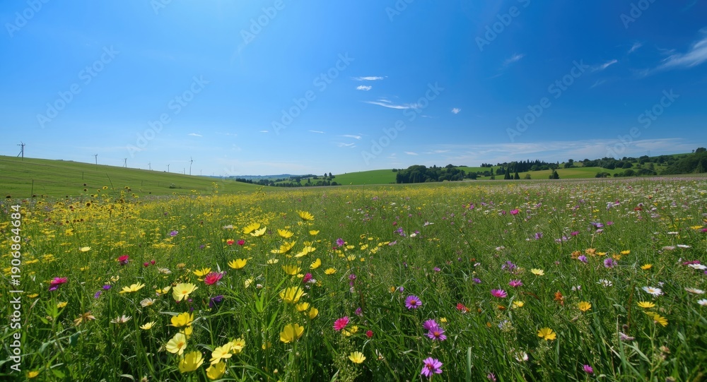 Obraz premium Bright sunny field with clear blue skies and blooming wildflowers