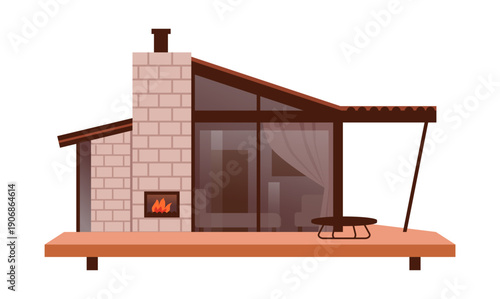Modern Cabin House with Fireplace. Eco-friendly architecture with warm interior mood for lifestyle, vacation, and real estate concepts. Modern cartoon illustration.
