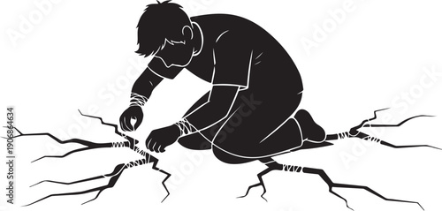 Man kneeling down fixing cracked earth with determination and care