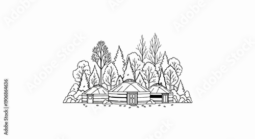 Cluster of yurts nestled among a variety of trees