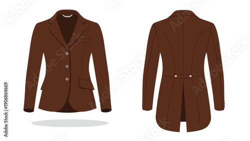 Classic brown equestrian jacket with sophisticated tailoring visible from both front and rear perspectives
