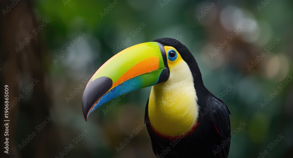 Fototapeta premium Keel billed toucan resting highlighted in a bright close up capture