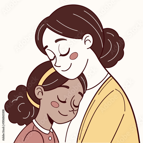 Charming flat vector illustration capturing the warm smiles and connection between a mother and her daughter. This modern graphic is ideal for themes of family, love, and happy moments.