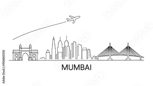 Line art illustration depicting the mumbai skyline with a distant airplane
