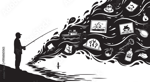 Man fishing with abstract thoughts and symbols flowing out