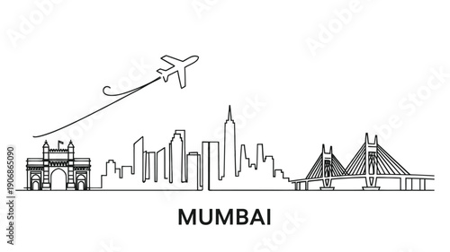 Linear illustration of mumbai skyline with india gate and airplane above