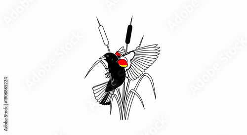 Blackbird with red shoulder patches perched on cattails