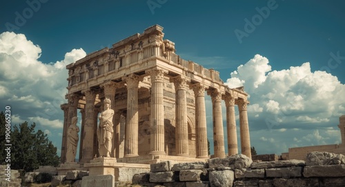 Ancient Greek temple scene with stone columns and decorative statues outdoors