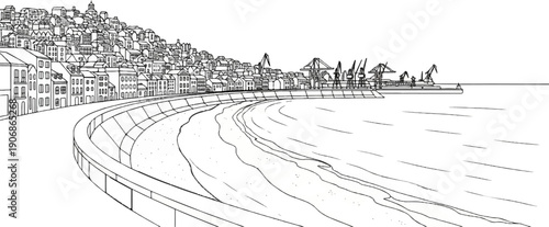 Coastal city with buildings on a hill and a busy harbor with cranes