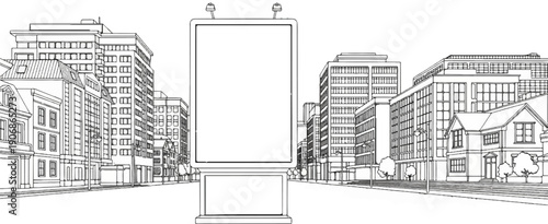 Blank billboard in a city street with buildings and trees